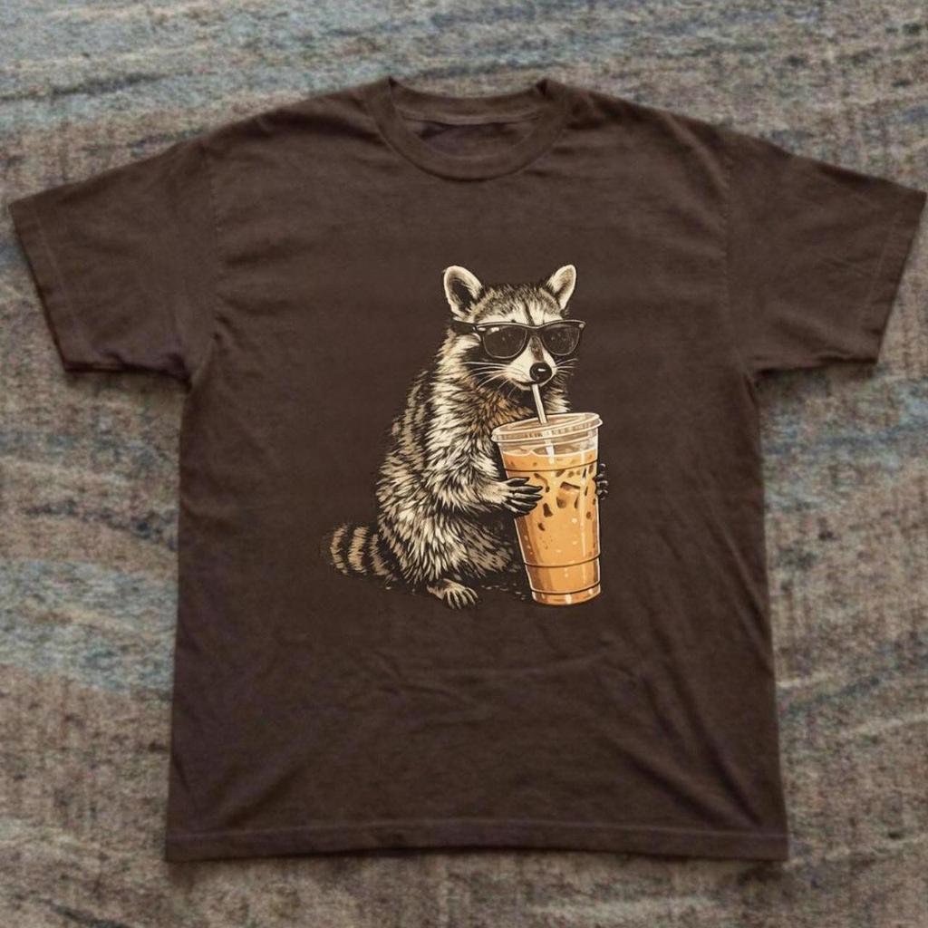 Funny Raccoon Drinking Iced Coffee Graphic T-Shirt S-5XL Unisex