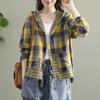 Women's Spring Loose Hooded Plaid Shirts Ladies Linen Casual Blouses Females Classic Oversized Tops