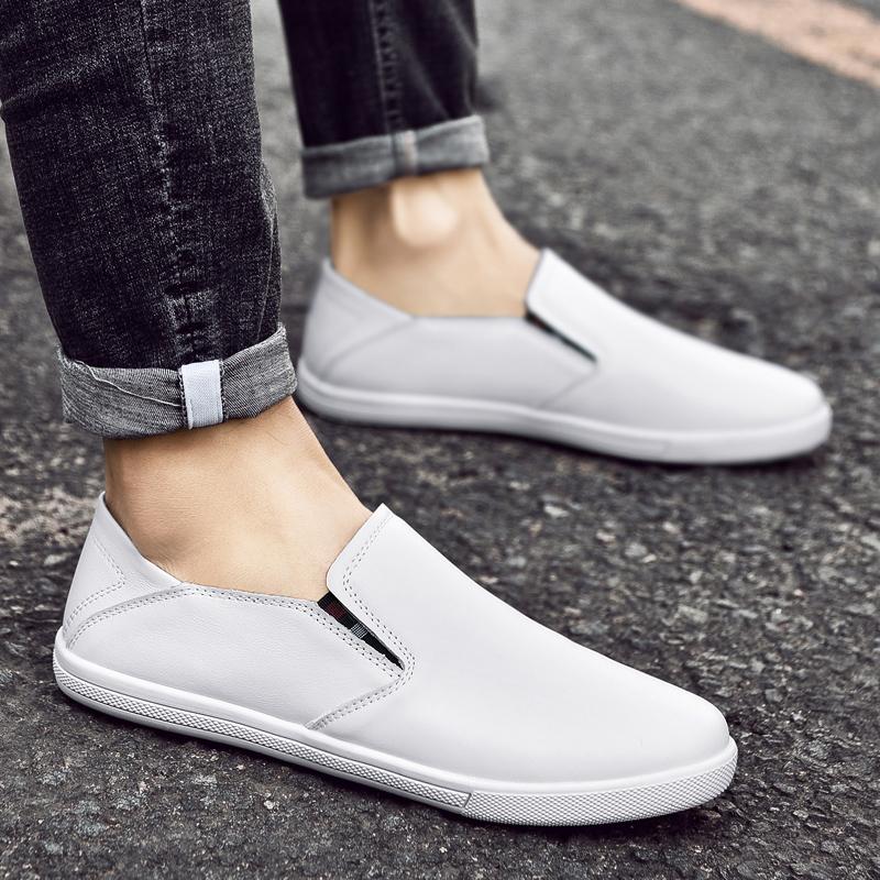 Spring Men's White Flat Loafers Casual Shoes Fashionable Outdoor Hiking Shoes Comfortable and Breathable Genuine Leather Shoes