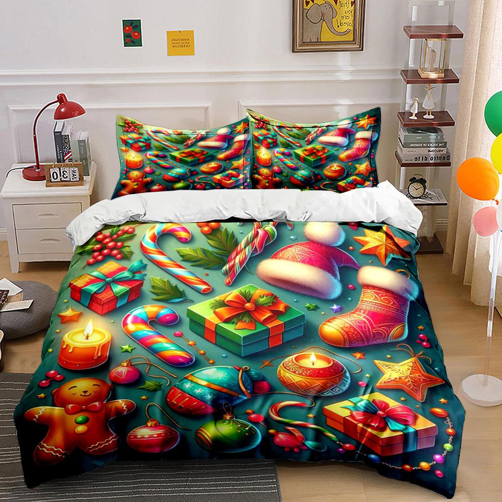 Candy canes, gifts, ornaments. Bedding sets Duvet cover sets Duvet covers Pillowcases(1*Duvet Cover 2*Pillowcases without duvet insert)