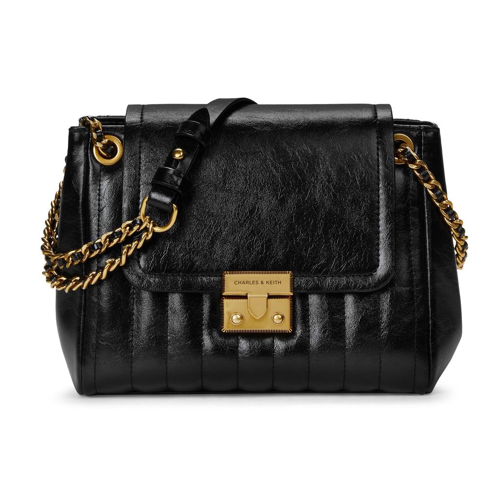 Charles & Keith Small CK Angora Red Vertical Plaid Chain Underarm Bag Small Square Bag PU Shoulder Bag Medium Women bags Black Burgundy CK2-20782463