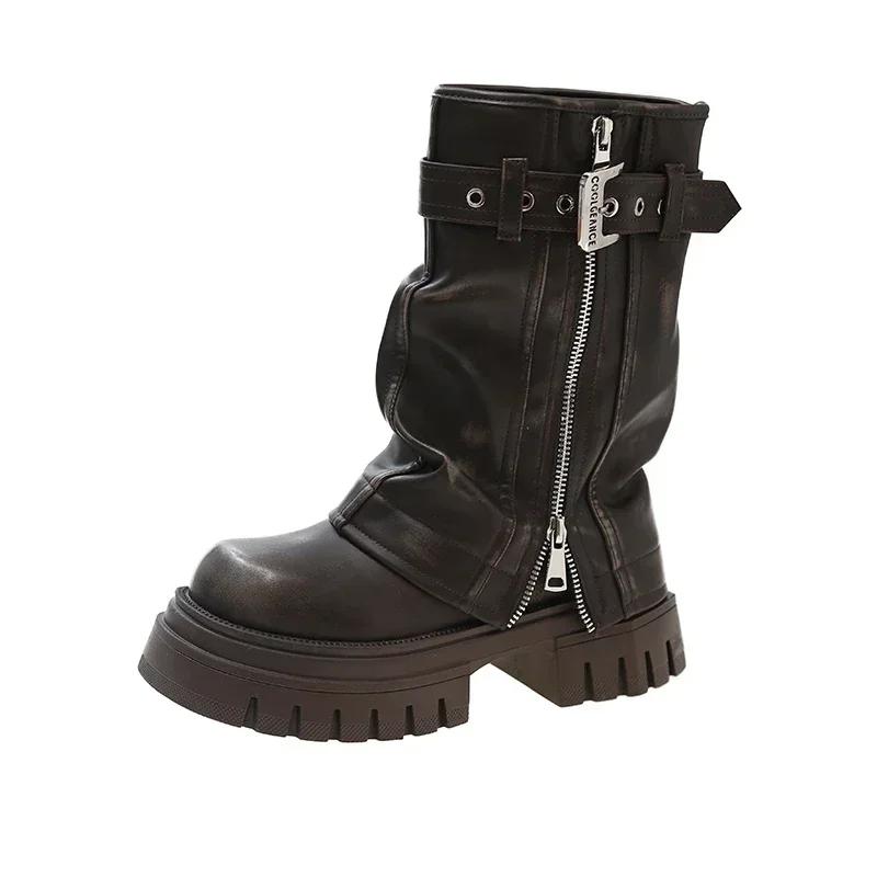 Shoes for Women Belt Buckle Women's Boot Fashion Side Zipp Modern Boots Women High Quality Round Toe Mid-Calf