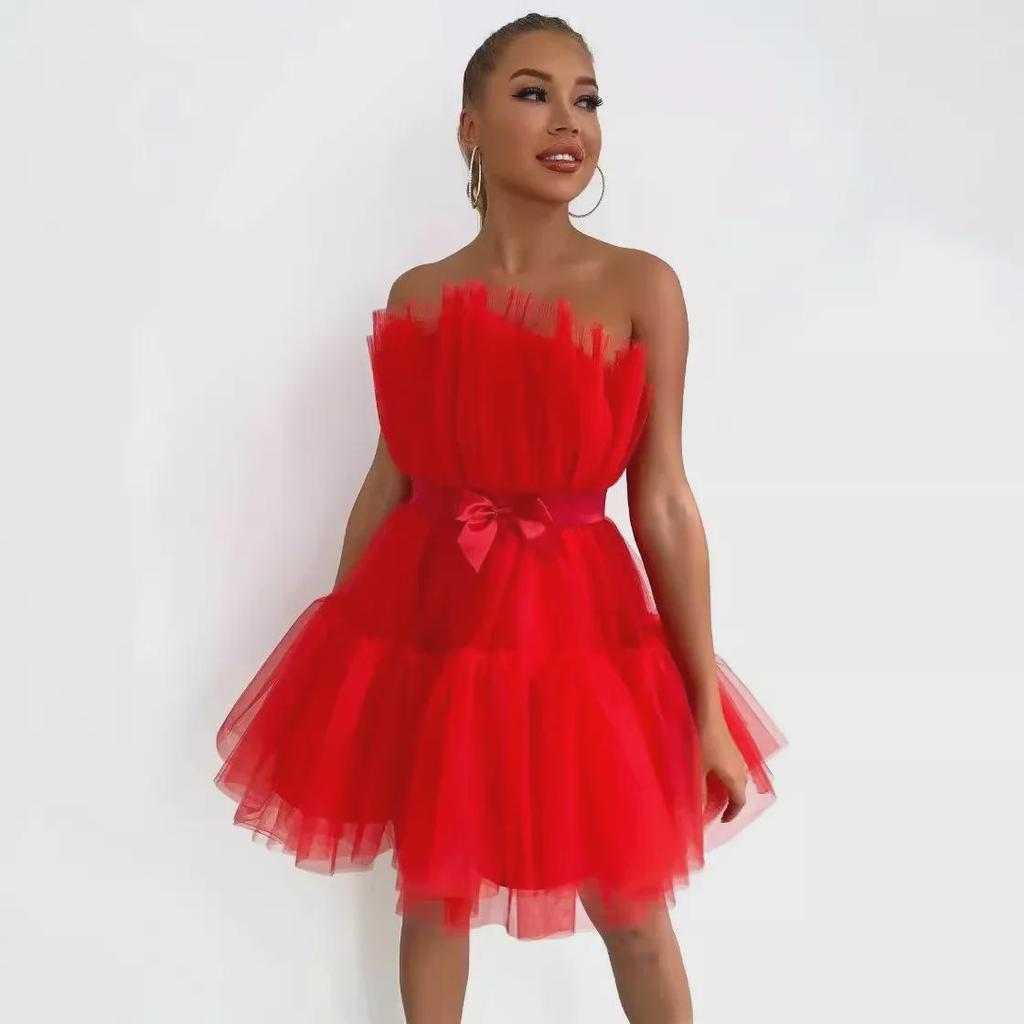 WT2025 Элегантное платье из сетчатого тюля с бантом
