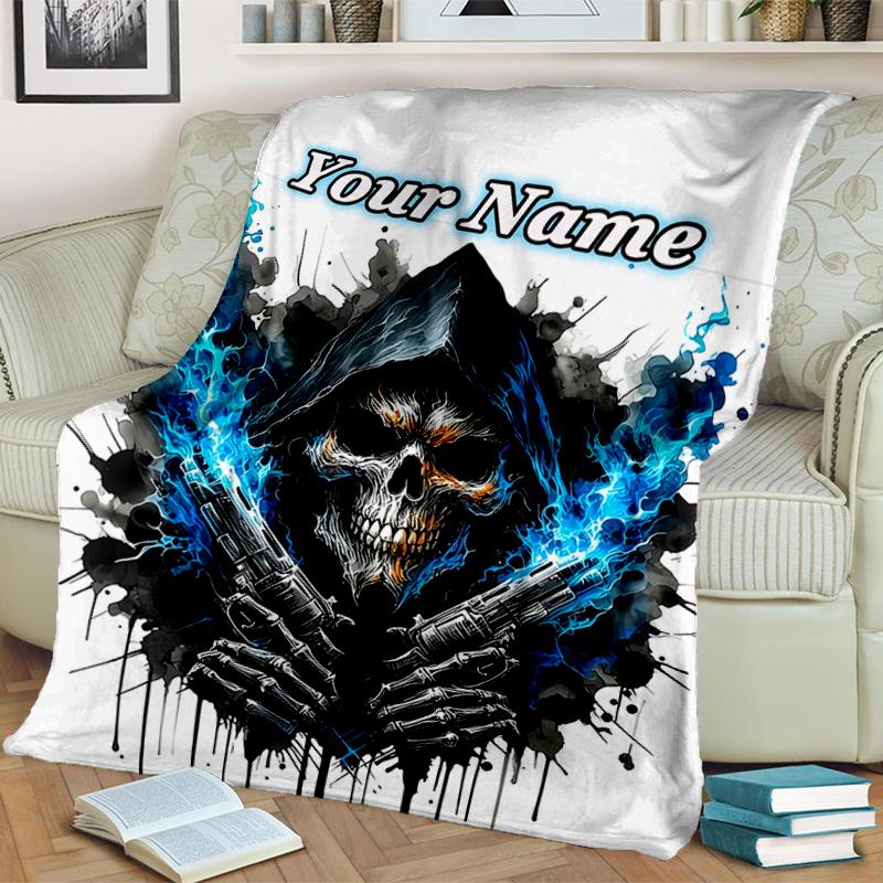 1PC Custom Name Skull Flames flannel blanket versatile,all-season throw suitable for the living room,bedroom,camping,travel,and gift