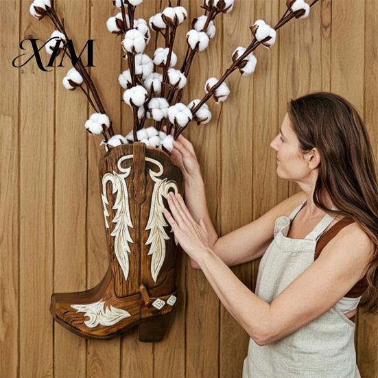Wooden Floral Container for Dried Flowers Cowboy Boots Wall Planter Indoor Plants, Western Boot Flower Hanging Vase Handcrafted Poplar Wood