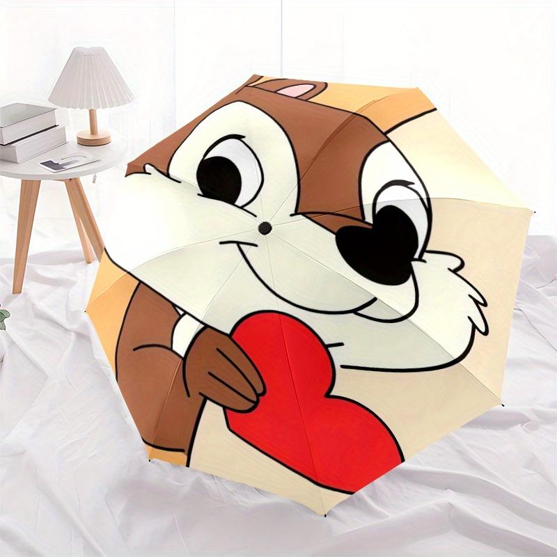 Chip & Dale Cartoon Squirrel Holding Heart Shaped Automatic Opening and Closing Umbrella - Lightweight 3-Fold Design, Suitable for Fans, Tra