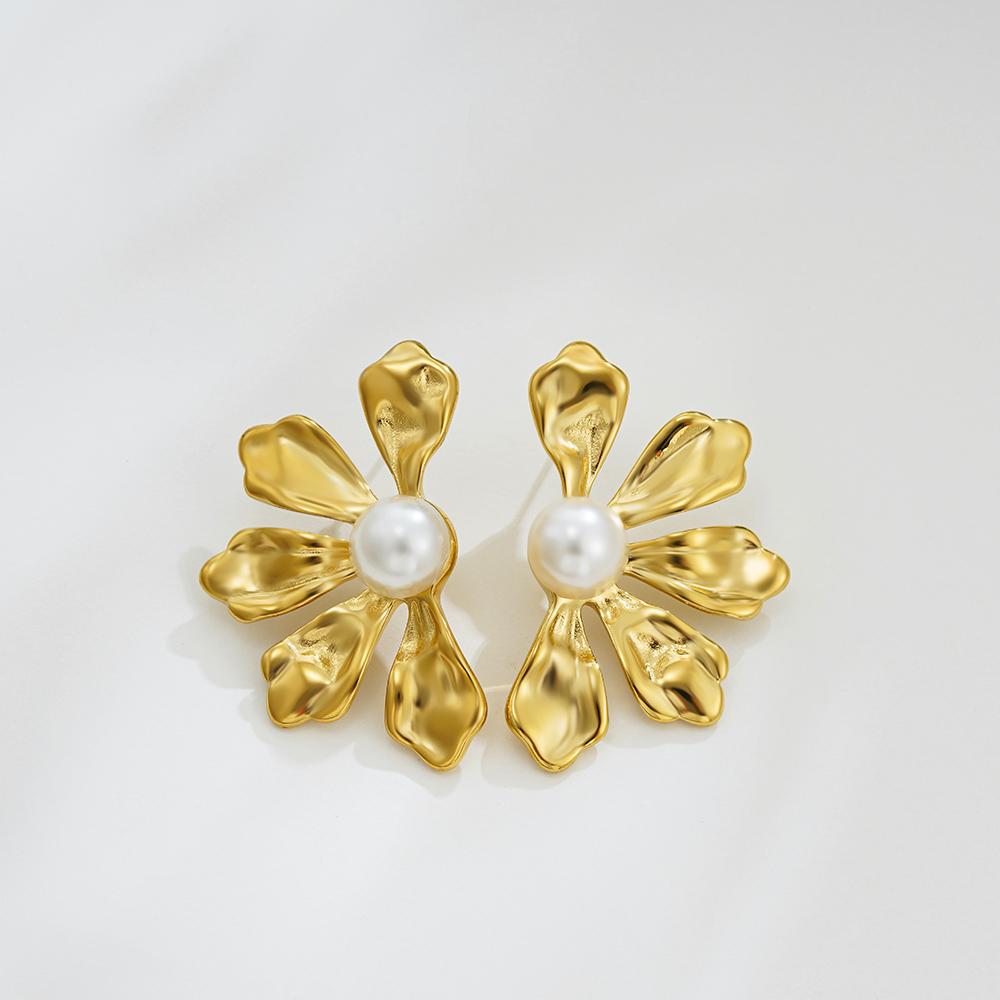 Stainless Steel Gold Color Symmetry Metal Pearl Stud Earrings for Women 18K Gold Plated Trendy Ear Buckle Daily Jewelry Gifts