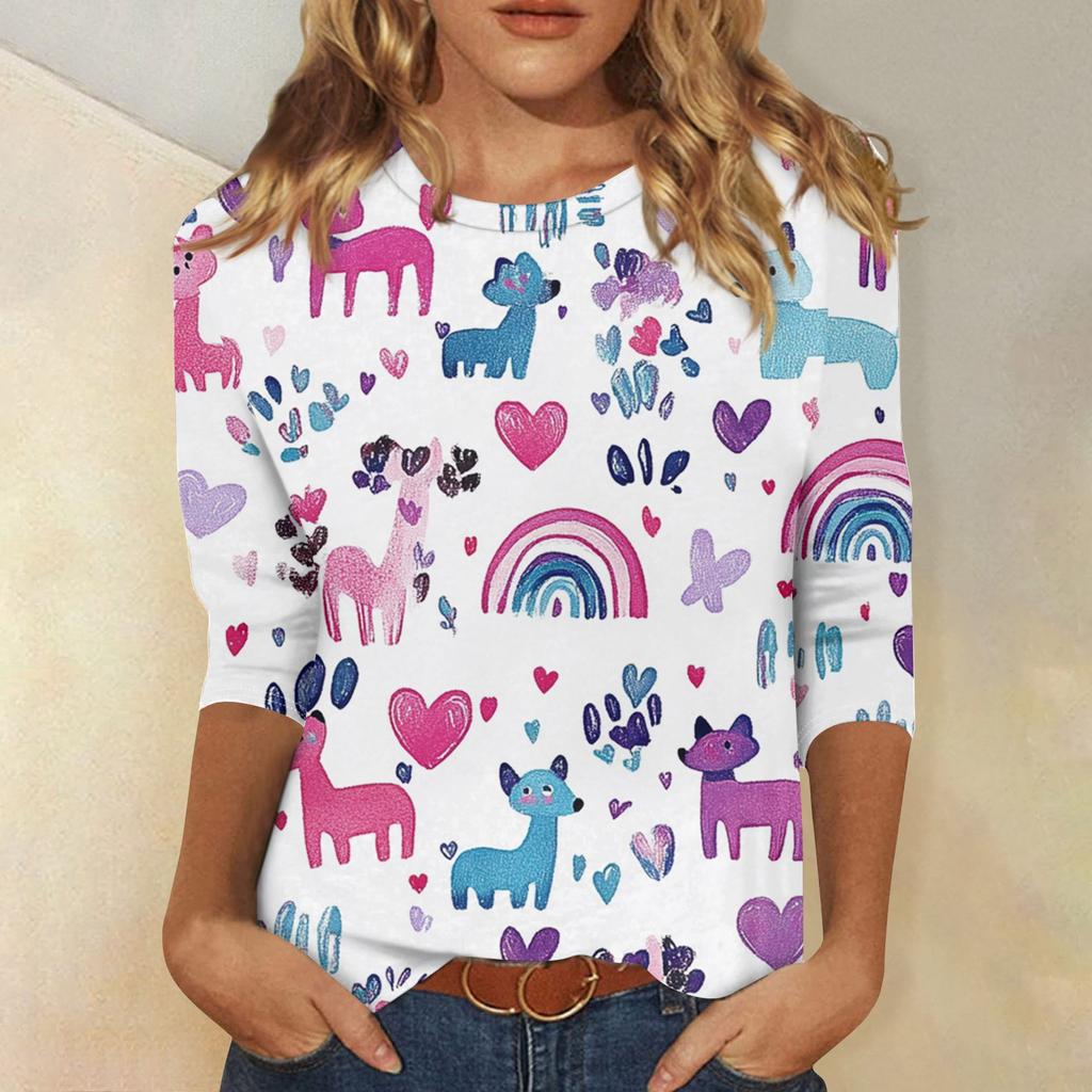 Women's Fashion Casual Round Neck 3/4 Sleeve Loose Printed T-Shirt Ladies Top