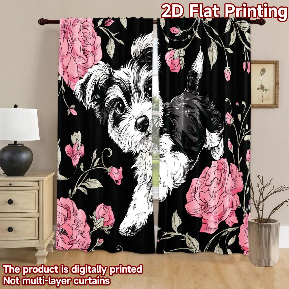 2D flat printing 2pcs Curtain Dog Rose Cute Digital Printed Polyester Drapes Seasonal Party & Holiday Decor Perfect for Indoor