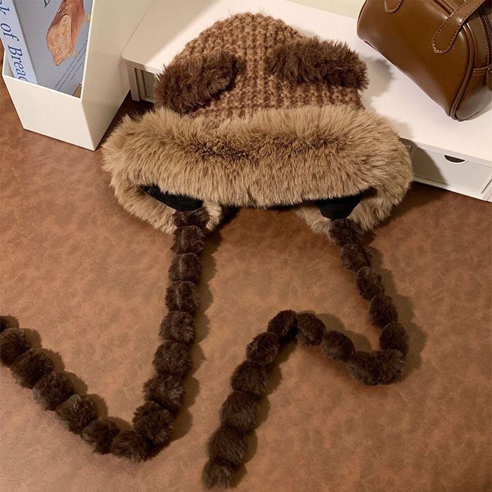 Pom Pom Ball Beanie Hat Thick Warm Winter Ski Cap Cute Bear Ear Winter Hat  Winter