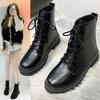 Women Boots Waterproof Leather Ankle Boots British Wind Black Non-slip High Top Motorcycle Boots Thick Sole Lace Up Casual Shoes