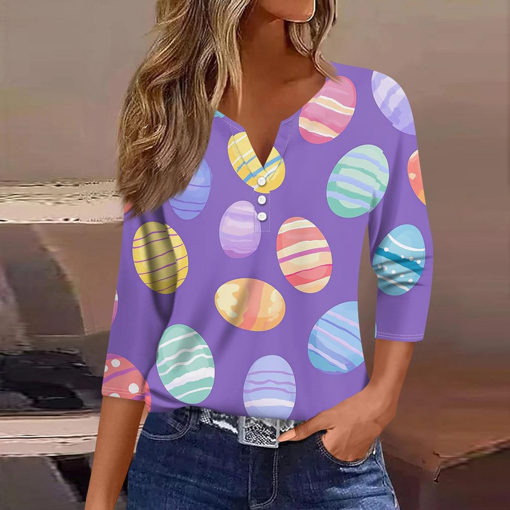 Жен. Футболка Футболка С принтом Пуговицы Рукав 3/4 Повседневные Выходные Мода Классический V-образный вырез Обычный Топ