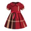 Летнее клетчатое хлопковое платье для девочек 2025 года с лацканом-бантом - Короткий рукав, Эксклюзивный дизайн