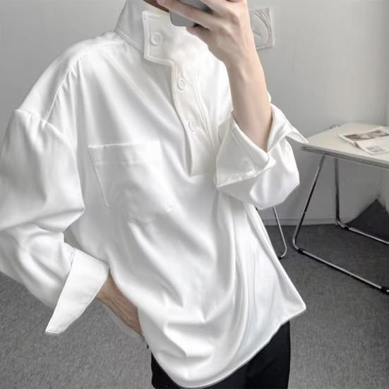 Женская рубашка с полувысоким воротником, пуговицами, полузастежкой, длинным рукавом, с карманами, однотонная свободная посадка, топы-пуловеры
