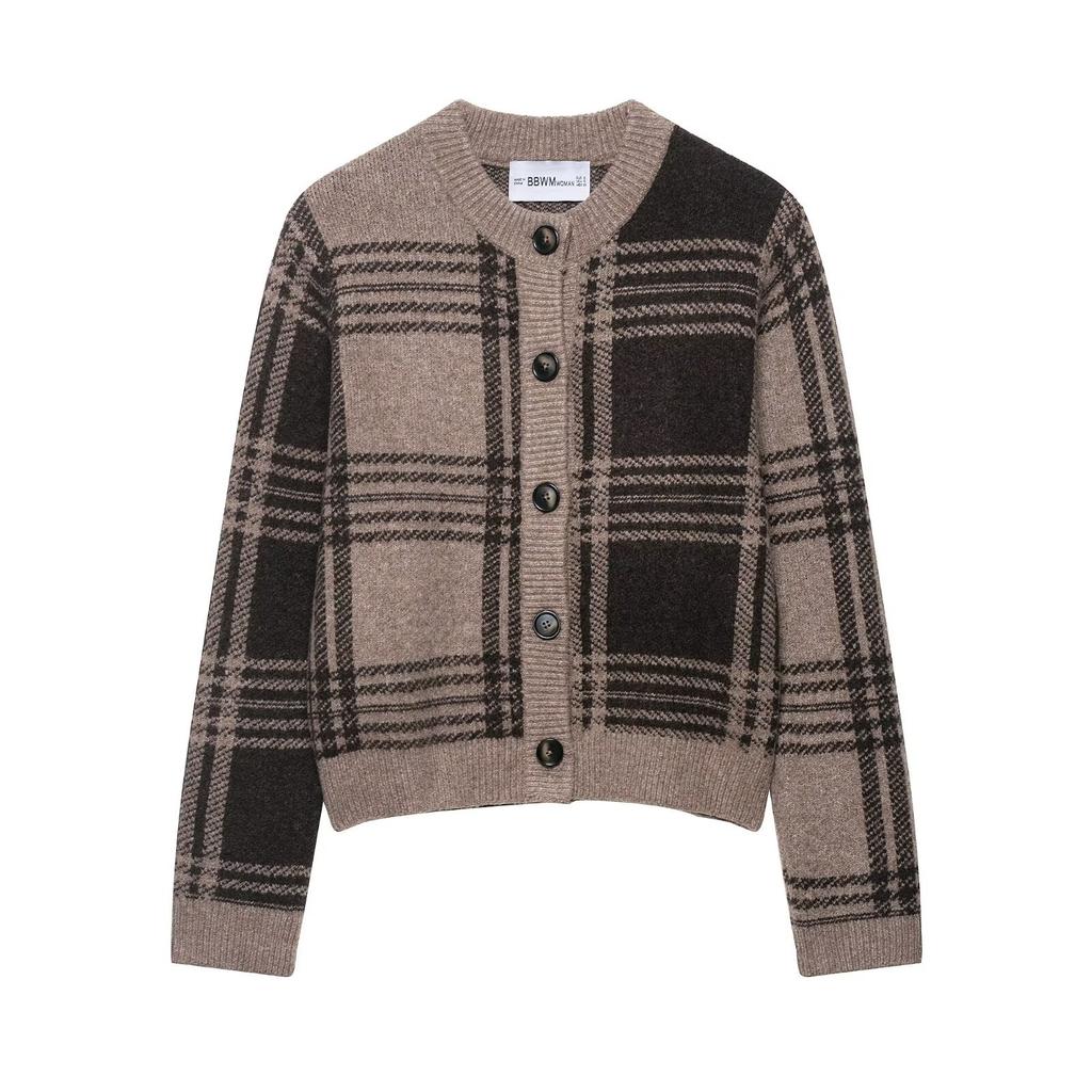 European and American style, new women's fashion, versatile, cross-border daily casual plaid knit jacket