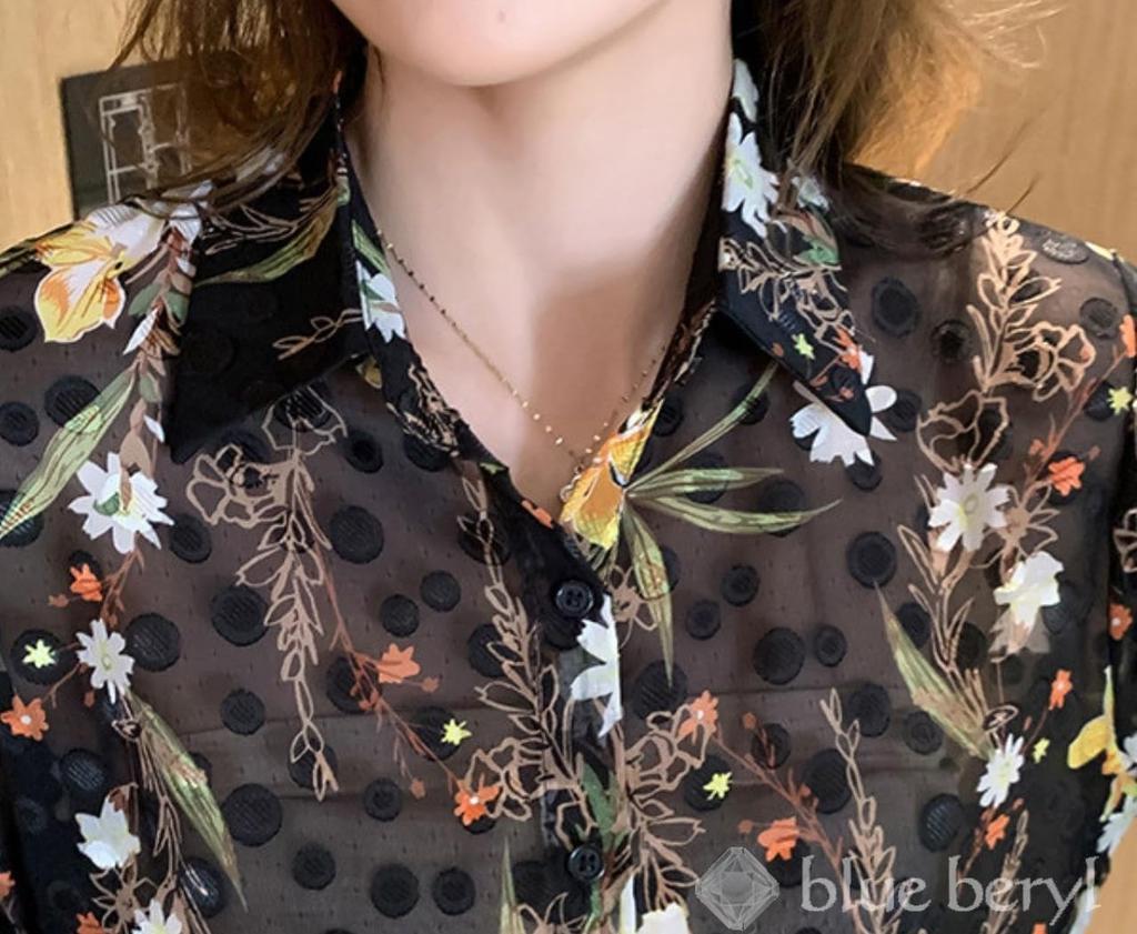 Блузка из шифона цвета «голубой берилл» с цветочным принтом и принтом «горошек», с длинными рукавами-буфами стандартного свободного кроя, прозрачная, цветная, посадка, BB068-BK-XL