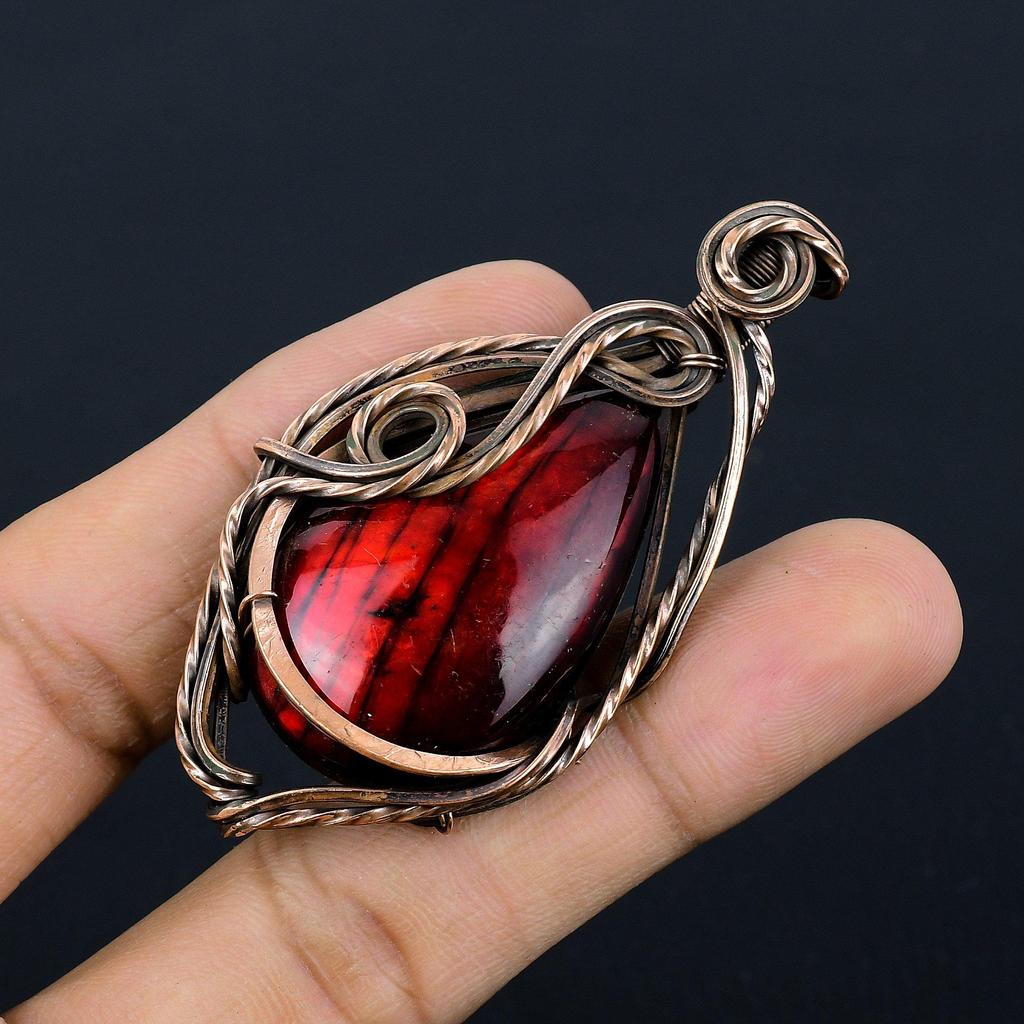 Red Flash Labradorite Pendant, 999 Copper Wire Wrapped Jewelry, Gemstone Jewelry Pendant, Handmade Wedding Gift Jewelry
