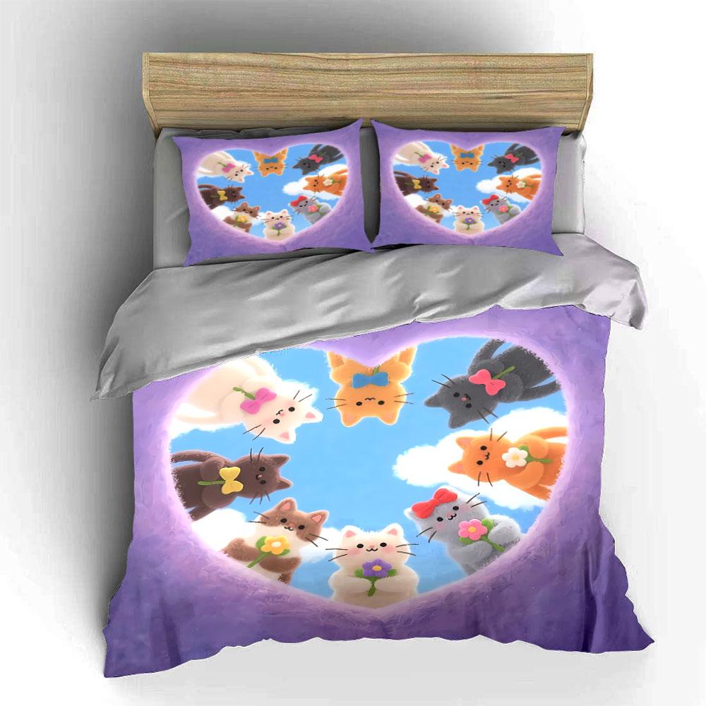 Cute Cartoon Cats with Flowers Bedding Duvet Cover Set Duvet Cover Pillowcases  (1*Duvet Cover 2*Pillowcases, without duvet insert)