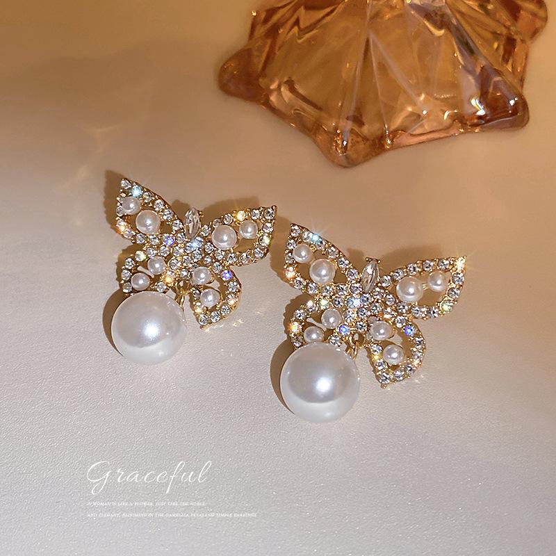 Korean Diamond Pearl Butterfly Earrings Elegant Design Ear Accessories for Women Earrings