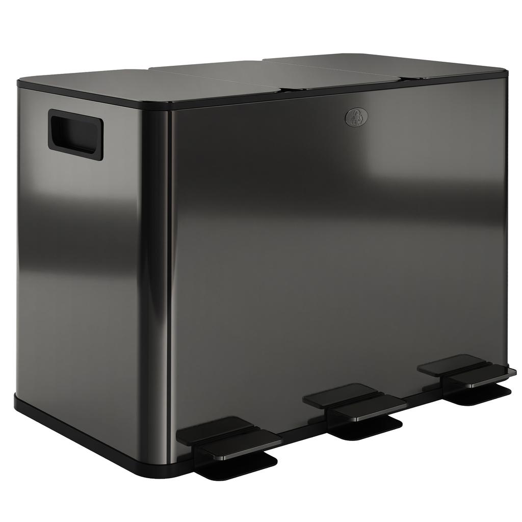 3 x 15L Pedal Bin, Steel Triple Kitchen Bin with Soft Close Lid, Removable Inner Buckets, Fingerprint-Proof, Black