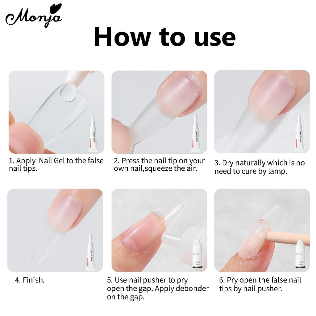 monja Быстросохнущий клей для ногтей для накладных ногтей, клей для наращивания, средство для удаления страз, отмачиваемый маникюр, набор инструментов «сделай сам»