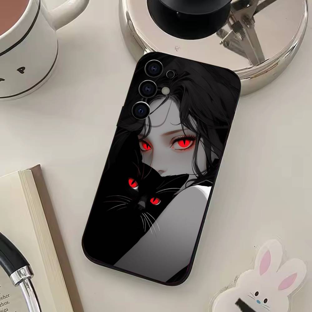 Чехол для телефона Девочка и кот Для Samsung S25,S24,S21,S22,S23,S30,Ultra,S20,Plus, Мягкий силиконовый Черный чехол