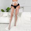 Women Black Stockings With Belt Set High Fishnet Tights Erotic Lingerie Sexy Pantyhose Floral Print Long Mesh Lace Stocking EMA