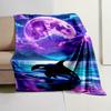 Fantasy Starry Purple Moon Seascape Jumping Orca Night Landscape Print Flannel Blanket Cozy Throw for Couch Travel Indoor Home