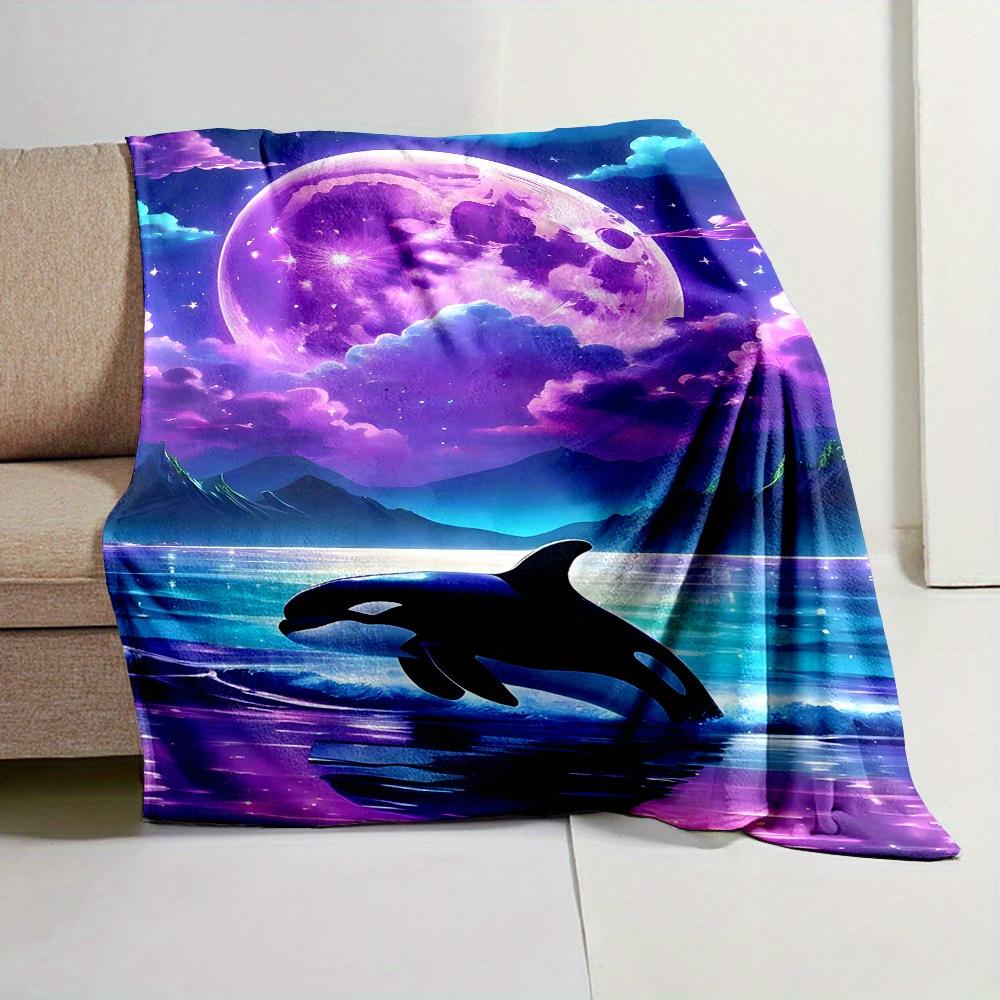 Fantasy Starry Purple Moon Seascape Jumping Orca Night Landscape Print Flannel Blanket Cozy Throw for Couch Travel Indoor Home
