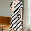 Elegant Women's Summer Striped Satin Dress with Slimming Belt - Casual & Versatile