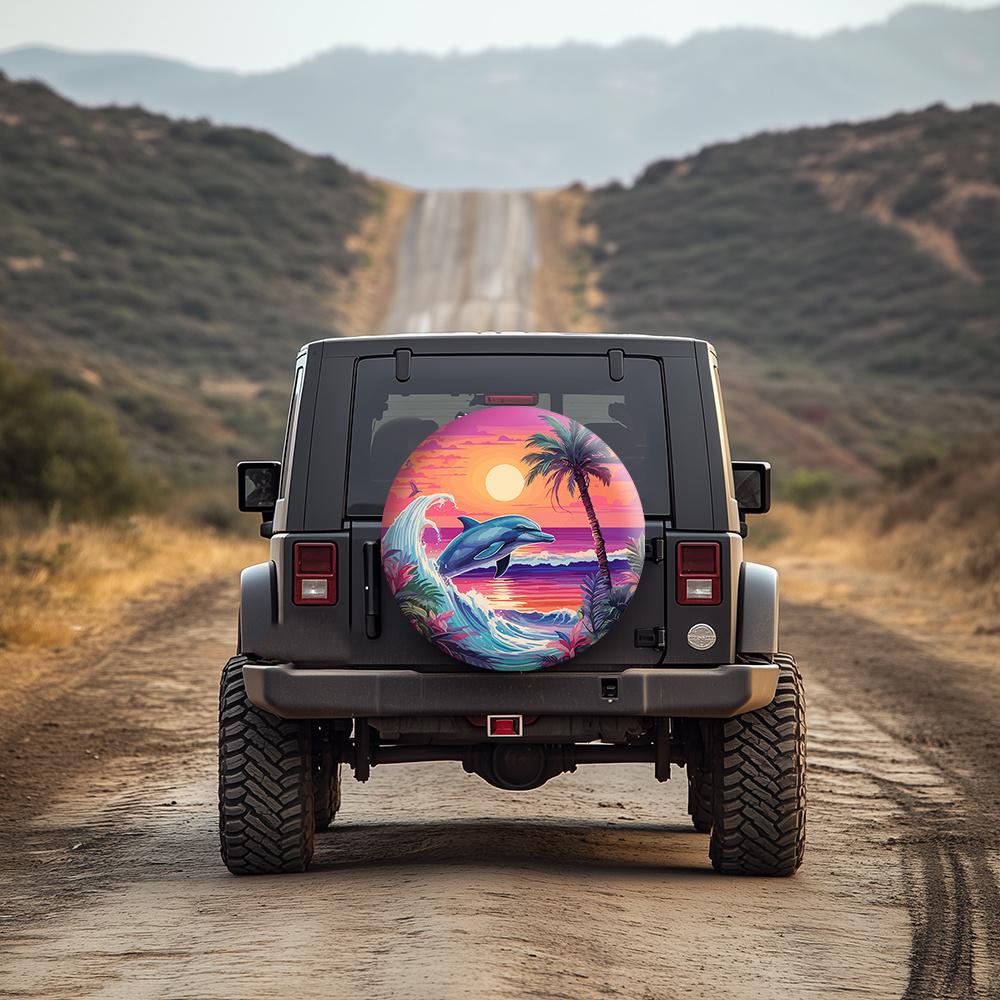 Dolphin Sunset Palm Tree Tire Cover Polyester Waterproof Spare Wheel Cover for RV SUV