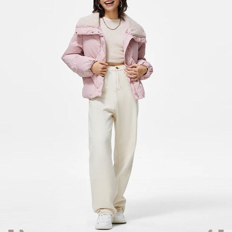 Li Ning Sports Lifestyle Series Solid Color Fur Collar Loose Short Down Jacket Women Outerwear Light-Pink AYMT076-1