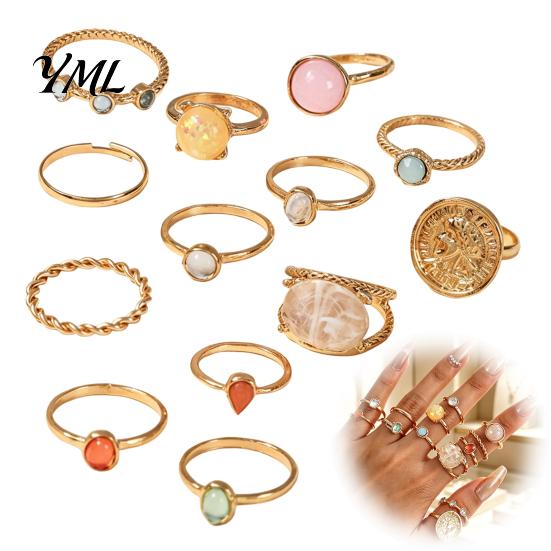 Colorful Crystal Ring Set 13Pcs Gold Plated with Gemstone Embellishments, Fashion Minimalist Accessories Stackable Rings for Women, Trendy Jewelry