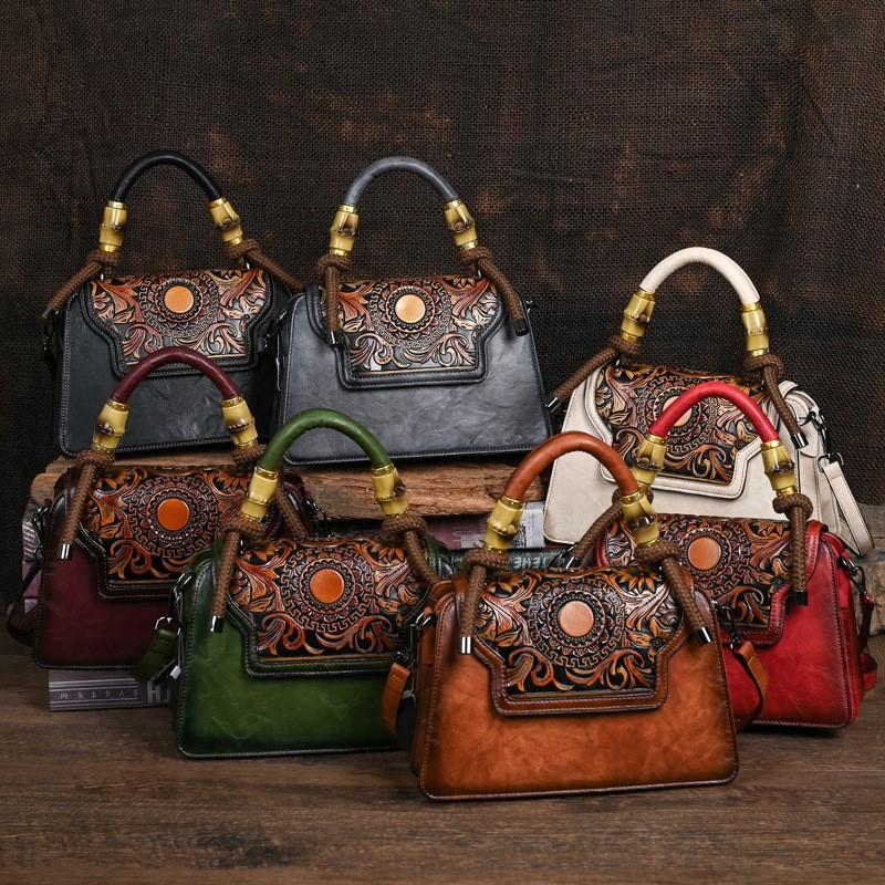 Johnature Винтажная женская кожаная сумка с тиснением ручной работы, роскошная сумка, универсальные женские сумки на плечо и через плечо