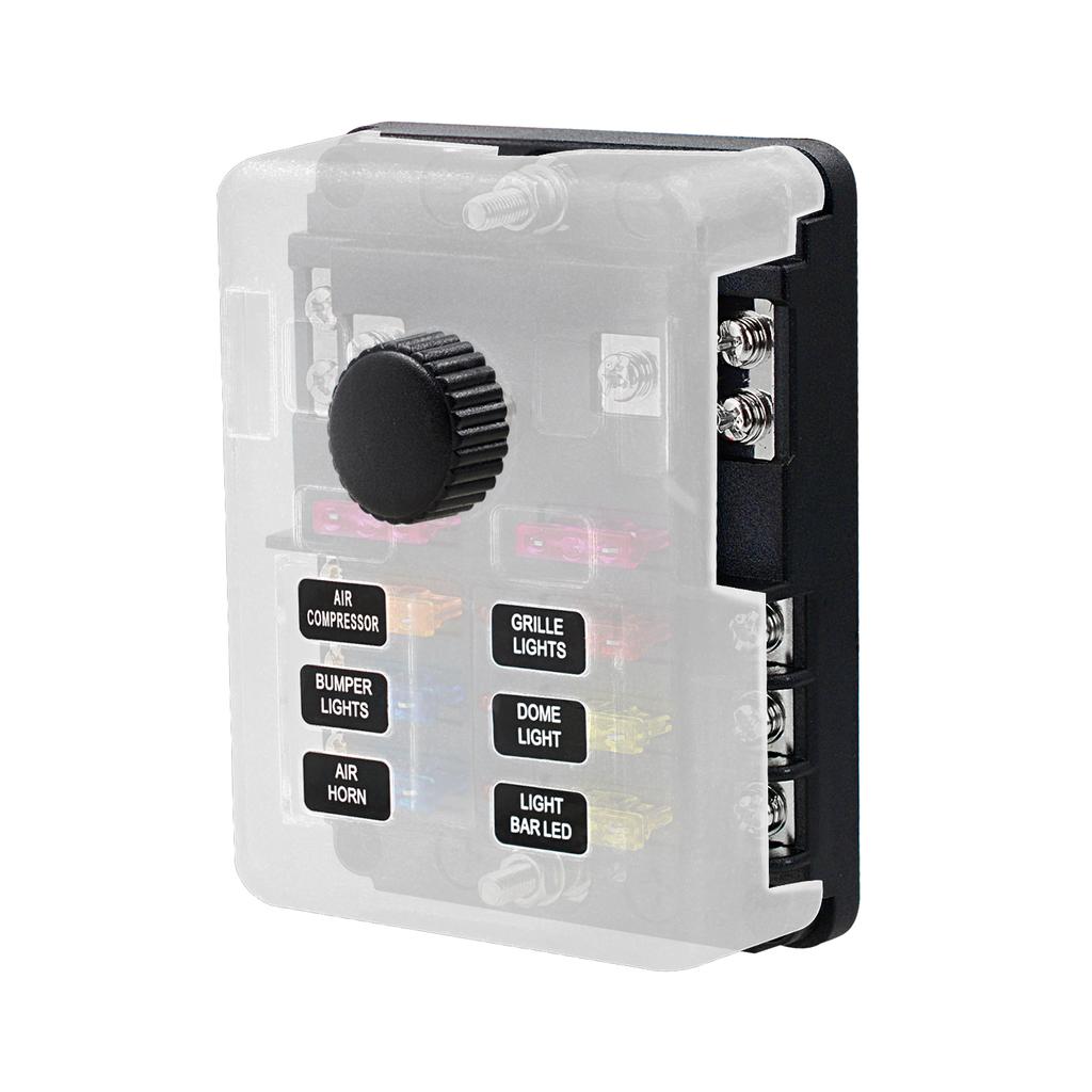 Waterproof 12 Volt Fuse Block, 6 Way with 6 Ground Negative Busbar[100 Amp Max] [ATC/ATO Fuses] [LED Indicator] [2 Spare Fuse Slots] for Car Boat Etc.