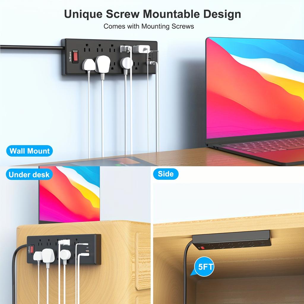 Удлинитель розеток - удлинитель с 10 розетками и 4 портами USB, сетевой фильтр длиной 5 футов, 1625 Вт/13 А, возможность крепления на стену