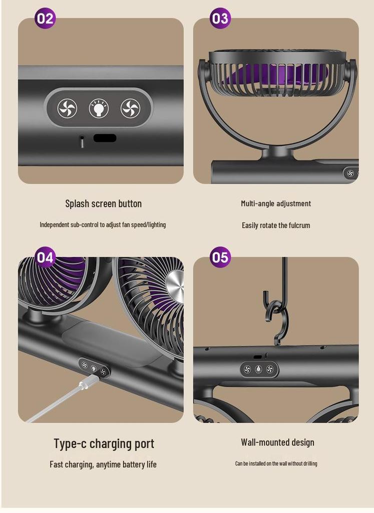 Adjustable Double-Head Fan with Light for Home & Outdoor Use, Multi-functional & Compact