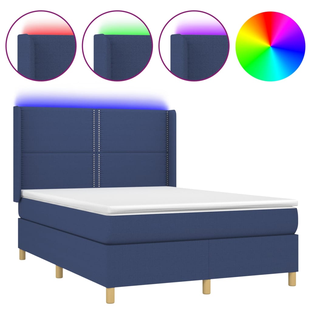 Box Spring Bed with Mattress & Blue LED 140x190 cm Fabric