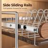 Pull-Out Dish Rack, 2-Tier Stainless Steel Cabinet Organizer with Wooden Handles and Drip Trays
