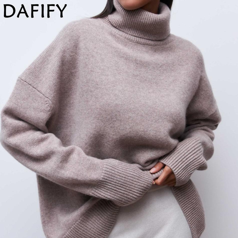 DAFIFY Women's Fashion Casual Fall Winter Solid Color Print Long Sleeve High Neck Sweaters