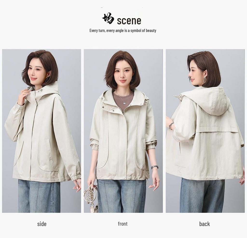 Женская куртка с капюшоном на весну и осень 2024 года: Модный, Повседневный, Свободный крой для среднего и пожилого возраста