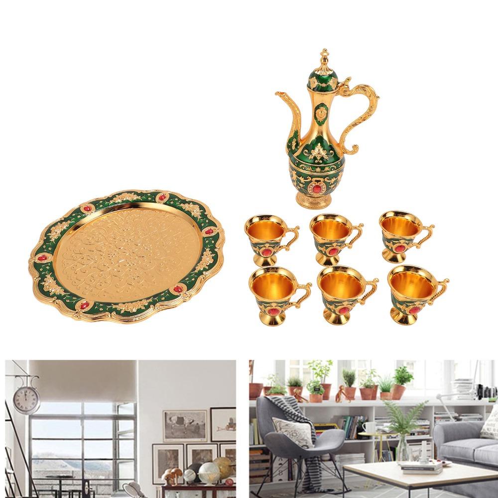 8PCS Zinc Alloy Wine Pot Kit Gold Green Turkish Tea Set Tea Sets Coffee Pot Set Home Party Decor