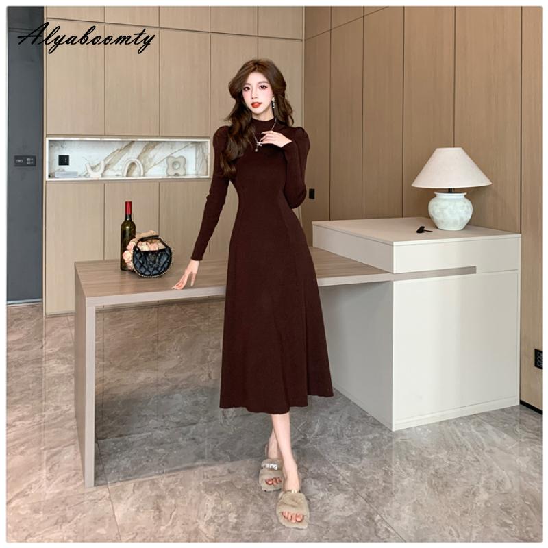 Французский стиль, осенне-зимнее женское платье-свитер миди, с половиной воротником, черное, серое, кофейное, вязаное платье, элегантное женственное трикотажное платье