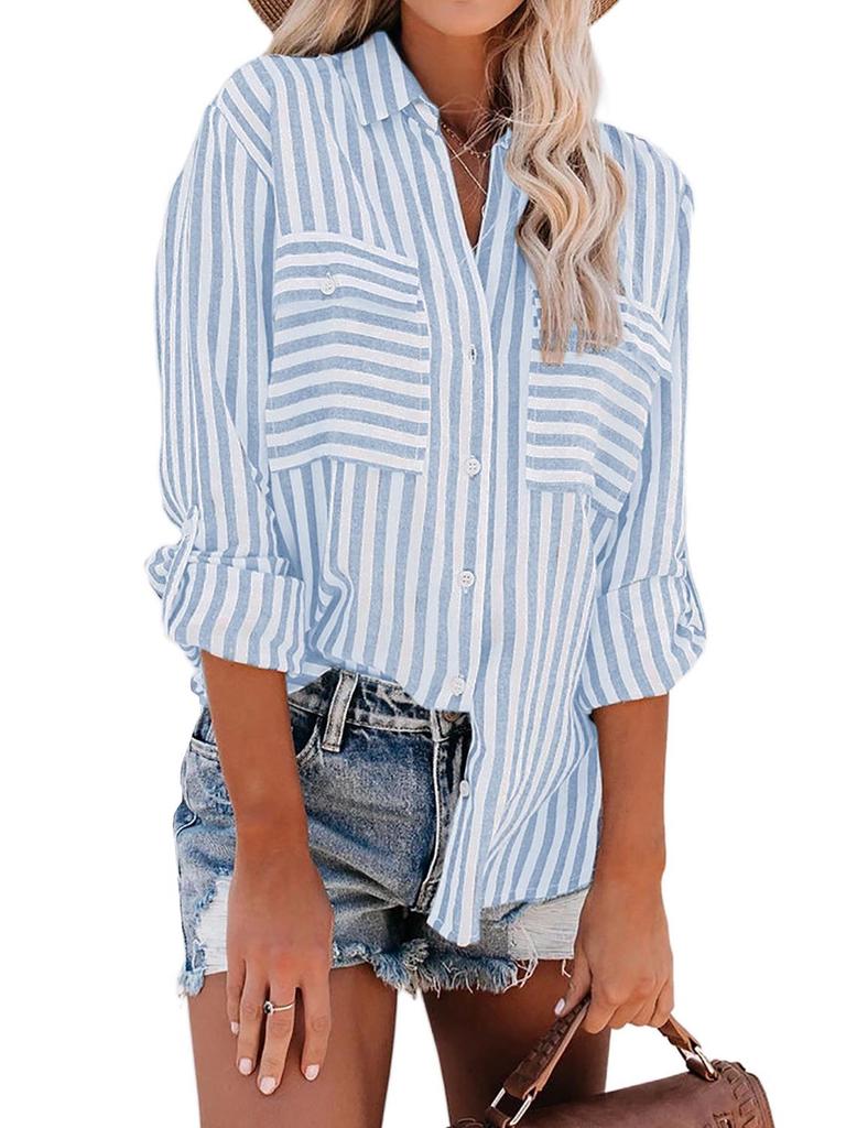 2024 Spring/Summer Women's Striped Cotton-Polyester Long-Sleeve Shirt