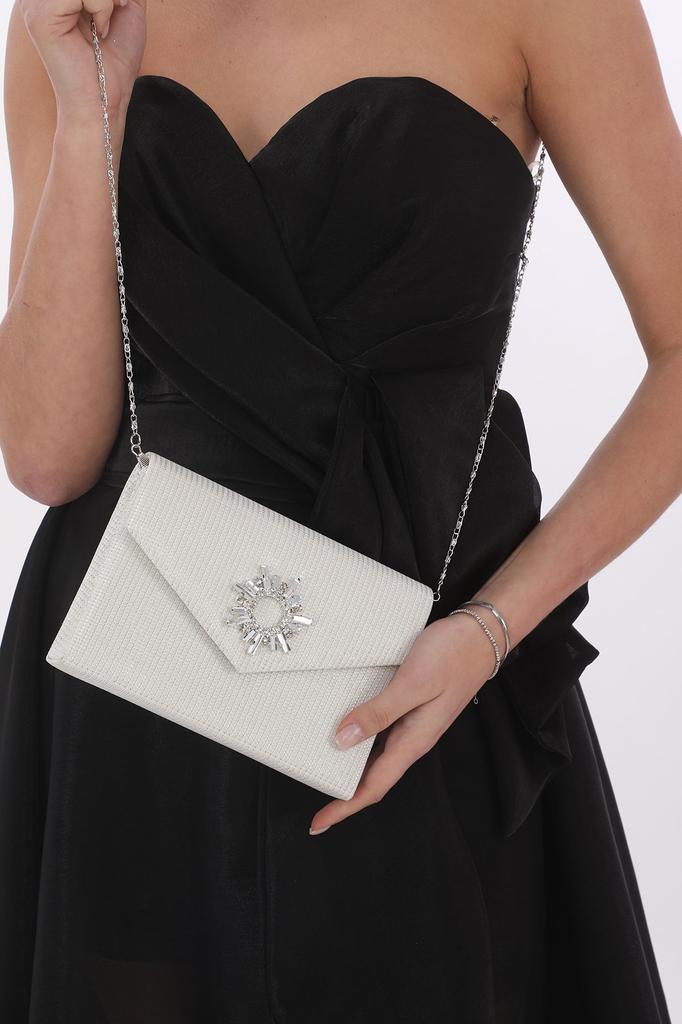 Women's Pearl Bream Material Stone Accessory Magnetic Envelope Cover Usable Evening Dress Bag with Shoulder Strap