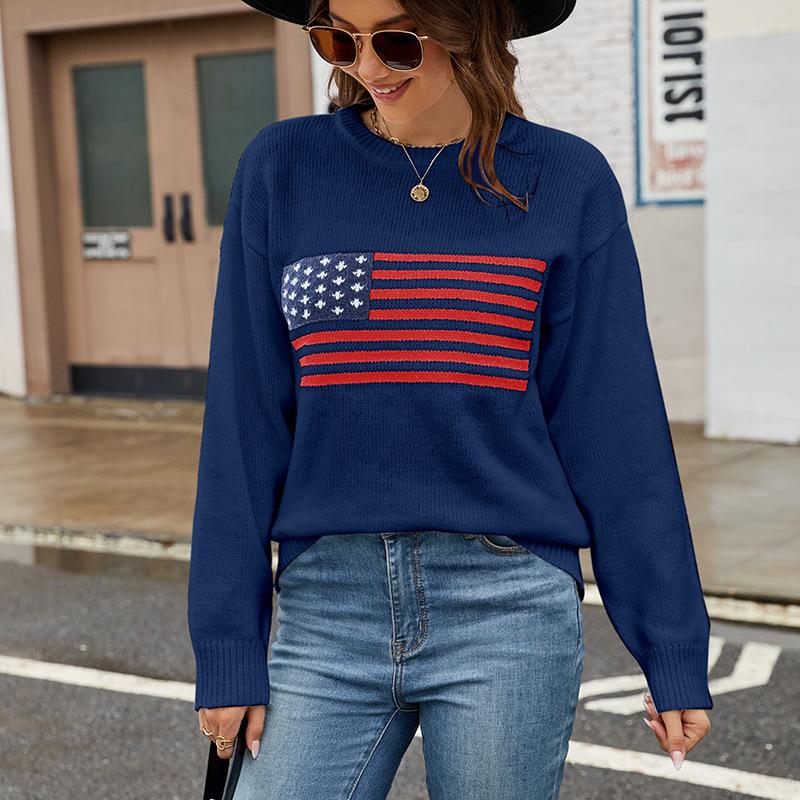 Autumn/Winter Round Neck Long Sleeve American Flag Printed Sweaters Easter Independence Day Fashion Women's Sweaters