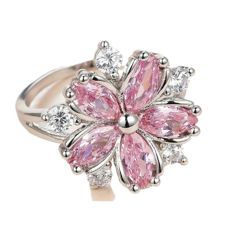 Женское кольцо с розовым цирконием и цветком вишни, серебряное кольцо