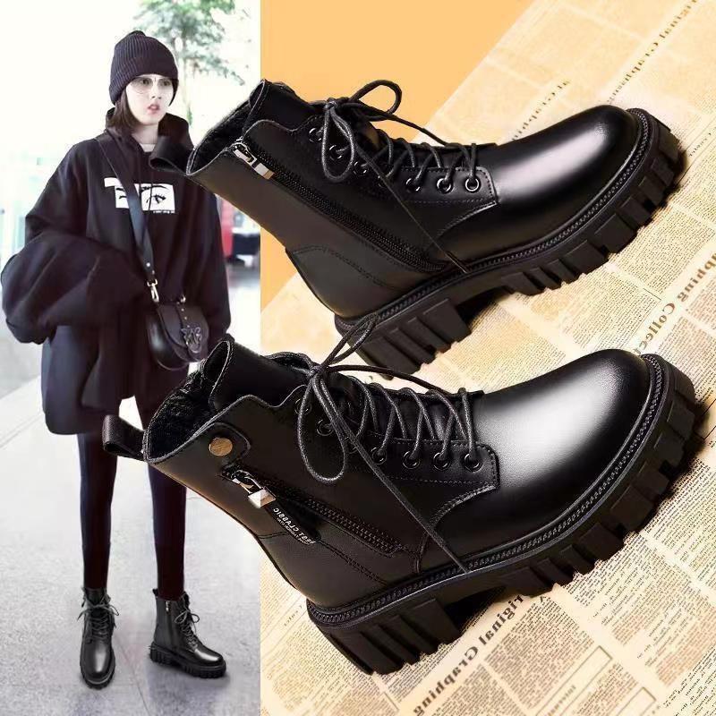 Black New Women Ankle Boots Autumn Winter Platform Zipper Women Punk Boots Thick Sole Lace Up Combat Booties Female Mujer