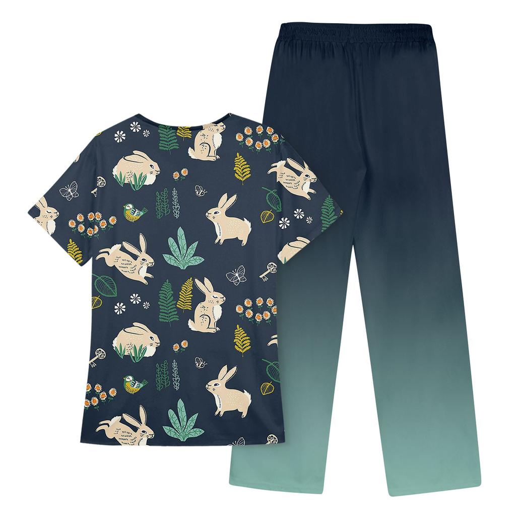 Women's Short Sleeve V Neck Animal Print Chest Pocket Work Top Elastic Waist Pants Two Piece Work Set
