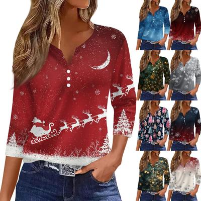 Женская модная повседневная футболка с принтом рождественской елки, V-образным вырезом, декоративными пуговицами и рукавом три четверти